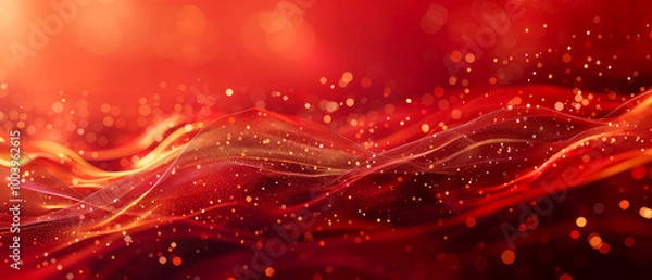 Obraz Red Christmas abstract background. Glowing background with golden dust, sparkles, shimmer, particles. New year mockup for celebrating. Generative ai