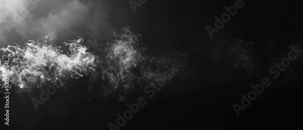 Fototapeta Isolated swirl of smoke on a black background. Dark banner with steam or fog, haze, grey cloud. Generative ai