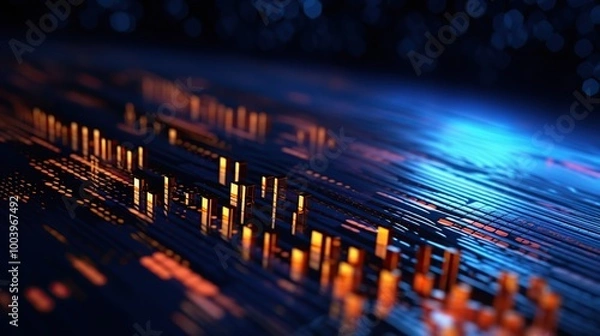 Fototapeta Abstract digital technology background with glowing lines and bars. Concept of innovation, progress, and data visualization