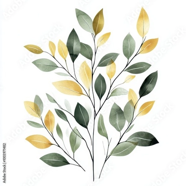 Obraz A botanical illustration featuring green and yellow leaves on slender branches.