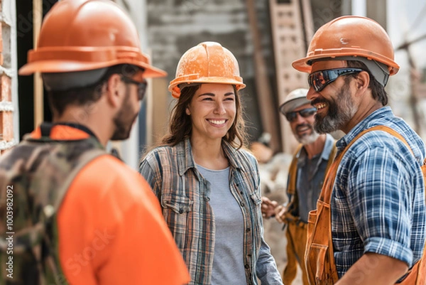 Obraz Diverse construction workers of different ages and ethnicities working on-site together, Industry people