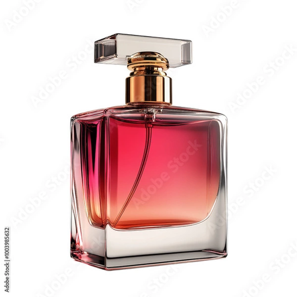 Fototapeta Flat square glass bottle with matte finish, perfume container, hyper-realistic, elegant shades of pink, isolated on white background. 