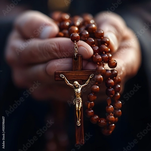Obraz close-up of a hand holding a wooden rosary in The rosary beads and crucifix are prominently displayed
