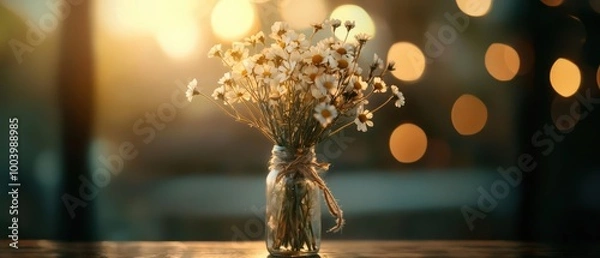 Fototapeta A beautiful bouquet of dried flowers in a jar, softly illuminated by warm bokeh lights in the background.