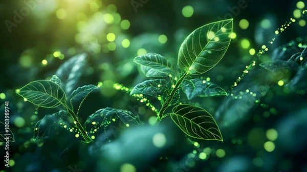Fototapeta Close-up of vibrant green leaves with soft bokeh lights, showcasing nature's beauty and tranquility.