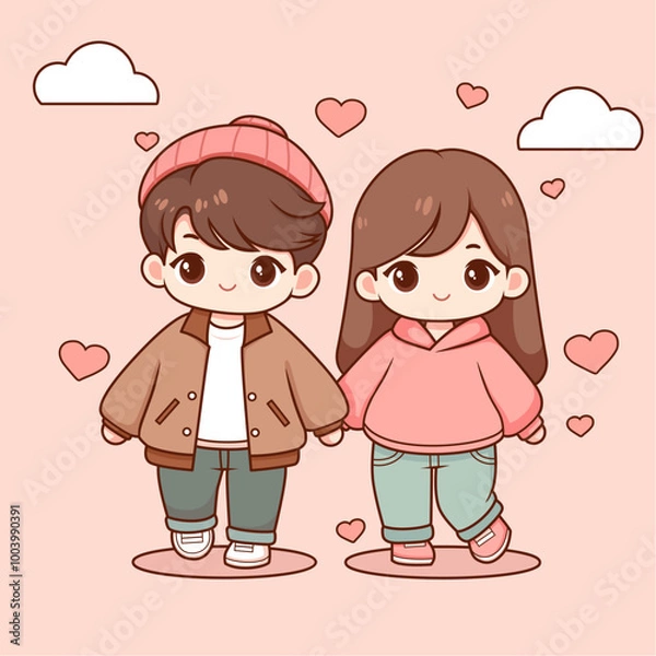 Fototapeta Chibi couple flat design illustration