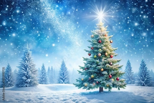 Fototapeta Winter landscape with festive Christmas tree and snowflakes