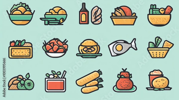Fototapeta An array of food icons showcasing different cuisines and dishes, perfect for food blogs and culinary projects.