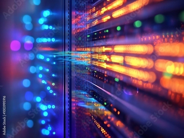 Fototapeta Server rack with glowing lights and data streams.