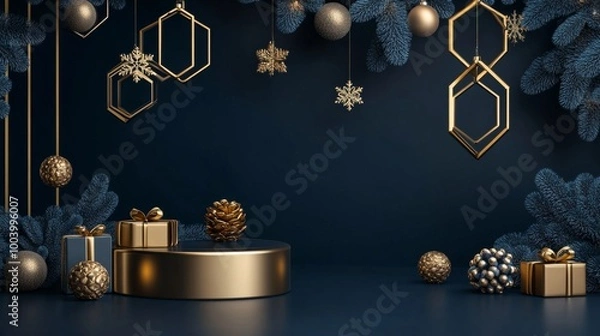 Fototapeta Empty gold hexagonal metal podium with art deco design on a navy blue holiday backdrop