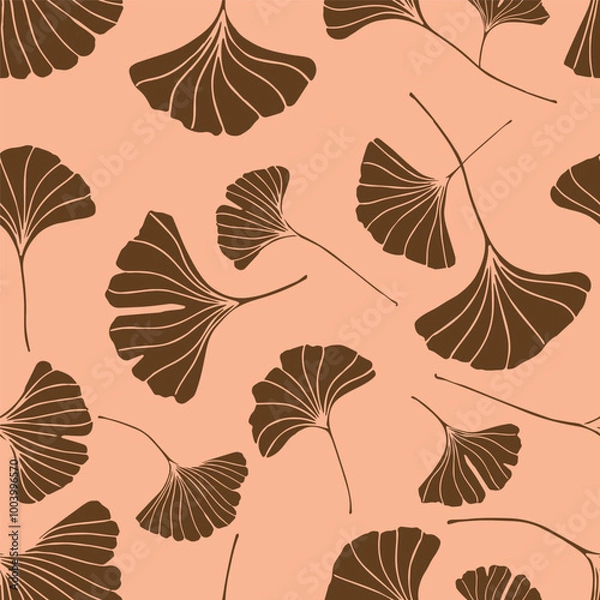 Obraz A seamless pattern of ginkgo leaves in dark gold color, a variation of hand-drawn ginkgo leaves, an elegant botanical peach fuzz background 