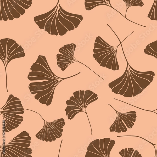 Obraz A seamless pattern of ginkgo leaves in dark gold color, a variation of hand-drawn ginkgo leaves, an elegant botanical peach fuzz background 