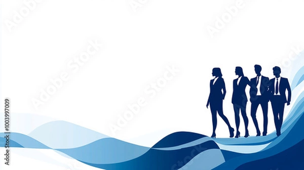 Fototapeta illustration with business people discussing business strategy on blue and white circles background for corporate presentation, with space for text