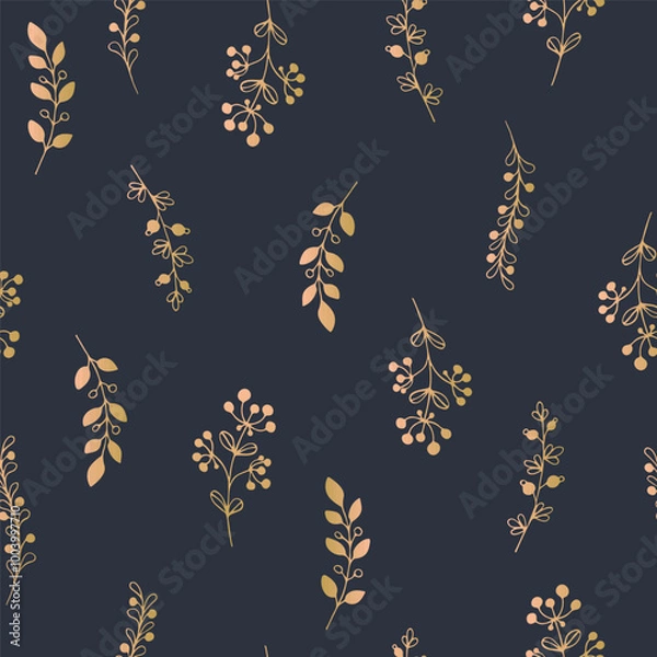 Obraz A hand-drawn seamless herbal pattern, yellow plants on a dark blue background, an elegant botanical backdrop with a golden gradient