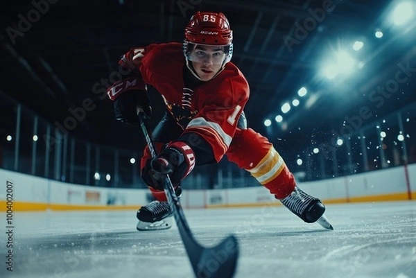 Fototapeta Dynamic Hockey Player on Ice in Action Pose