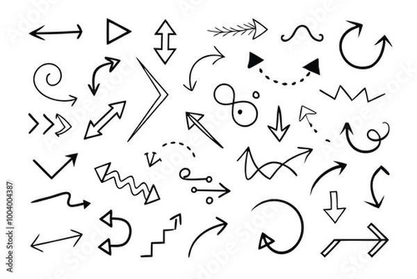 Fototapeta Arrow icons set. Vector black directional pointers. Flat hand drawn line doodle style.