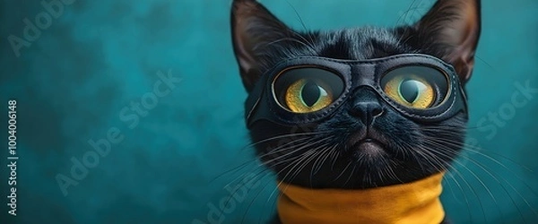 Fototapeta Black cat wearing aviator goggles on teal background. Pet fashion and cool feline concepts