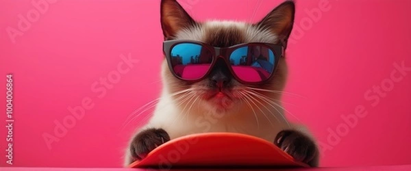 Fototapeta Cool siamese cat wearing sunglasses and using laptop on vibrant pink background. Pet technology and digital lifestyle concepts