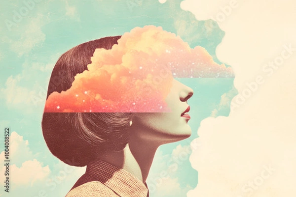 Fototapeta A surreal image of a woman partially obscured by vibrant clouds, exploring themes of identity, dreams, and human perception.