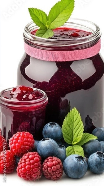 Fototapeta Two glass jars filled with vibrant raspberry jam feature twine and fabric lids, placed next to fresh raspberries against a simple white backdrop