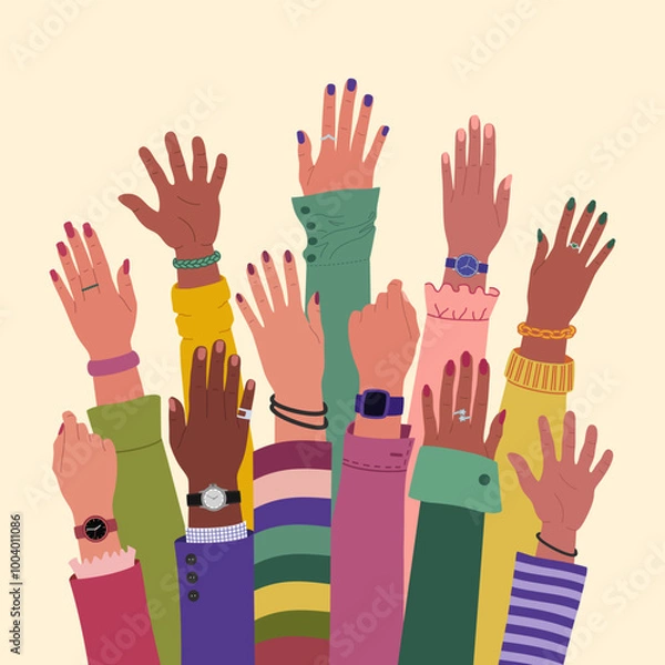 Obraz Many diverse multiracial hands raised up. Team cooperation and communication. International community. Hand drawn vector vector illustration isolated on light background, flat cartoon style.