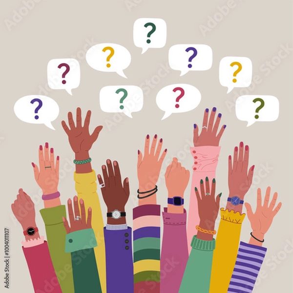 Obraz Group of multiracial peoples hands raised up and speech bubbles with questions marks. FAQ and questions concept. Hand drawn vector vector illustration isolated on light background, modern flat cartoon
