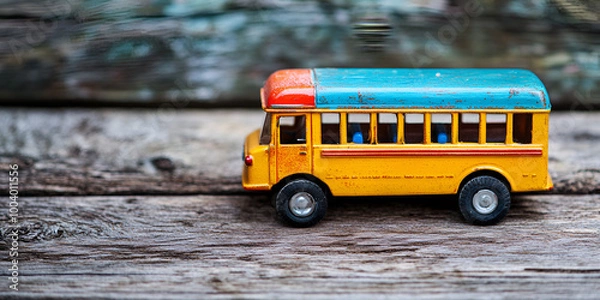 Obraz Miniature Toy School Bus on Wooden Surface