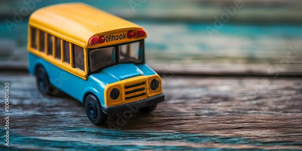 Obraz Miniature Toy School Bus on Wooden Surface
