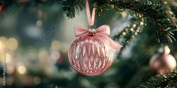 Obraz Pink Christmas Bauble Hanging from Snowy Tree
