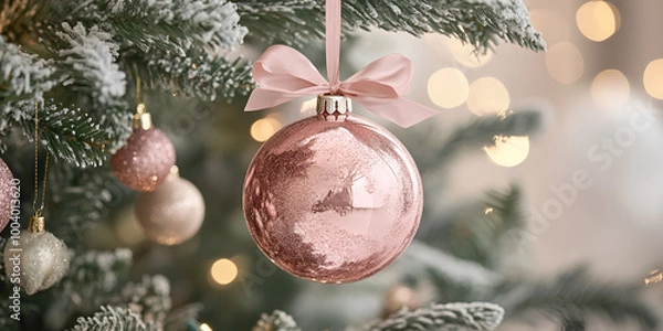 Obraz Pink Christmas Bauble Hanging from Snowy Tree