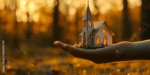 Obraz Small House Model in Hand Against Golden Autumn Backdrop Real Estate Concept