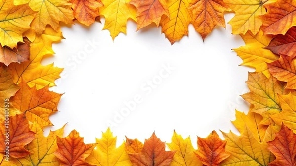 Fototapeta Yellow and orange leaves border frame reflected on white background
