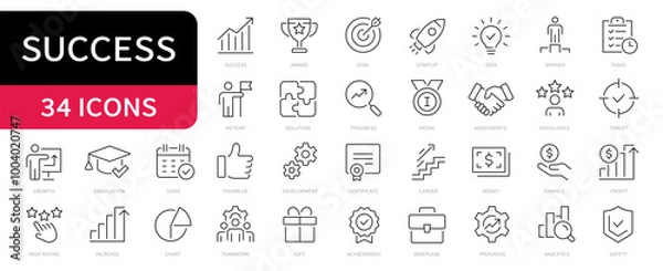 Fototapeta Success simple line icons set. Goal, growth, award, achievement symbol. Editable stroke. Vector