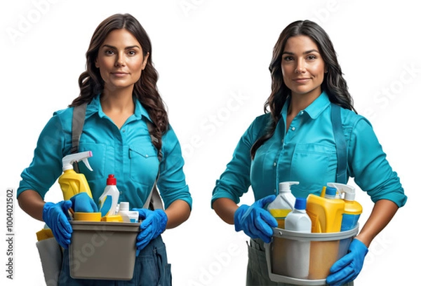 Fototapeta Beautiful brunette in cleaning lady apron holding cleaning tools cut out and isolated on transparent background set. Young woman holding tools and cleaning supplies in bucket.