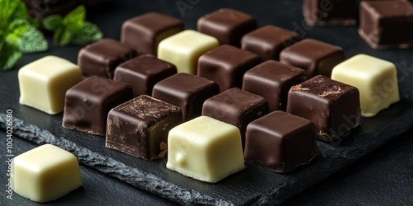 Obraz Dominostein: Chocolate Confectionery filled with layered Lebkuchen, Gingerbread, apricot jelly, marzipan or persipan. Traditional German, Austrian Christmas chocolates, Milk, dark, white chocolate.