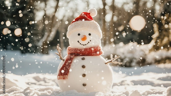 Fototapeta snowman on Christmas Day with house background, winter Xmas, christmas holidays background concept and banner. wool hat and scarf, on snowy snow snowscape with bokeh lights in sun light