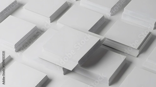 Fototapeta 3d render, abstract white geometric background, minimal flat lay, twisted deck of square blank cards with rounded corners. 