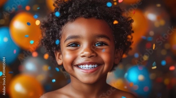 Fototapeta a joyous child with bright eyes and a big smile celebrating the joy of having comprehensive health and dental care surrounded by colorful balloons and playful confetti