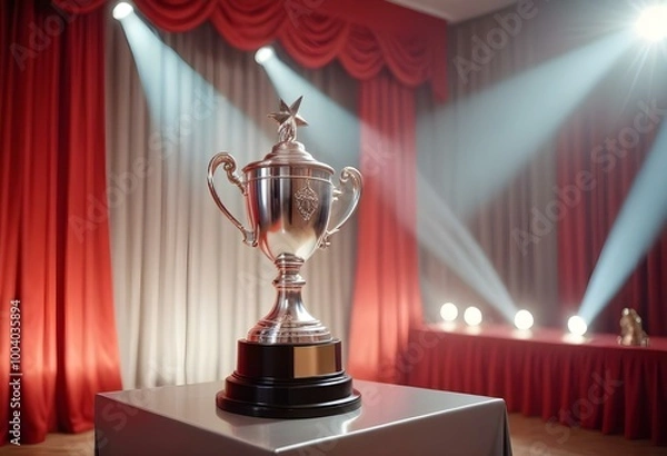 Obraz A silver trophy on a podium with red curtains and spotlights in the background