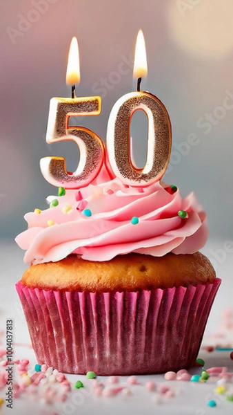 Obraz Birthday cupcake with burning lit candle with number 50. Number fifty for fifty years or fiftieth anniversary.