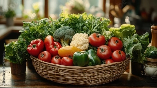 Fototapeta a rustic wicker basket overflowing with fresh vegetables on a kitchen table symbolizing health freshness and the joy of cooking at home