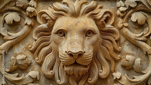 Fototapeta Stone sculpture of a lion with intricate carving details, leaving ample space for copy in the background.