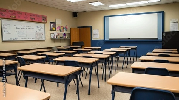 Fototapeta Traditional classroom with clean desks and a bulletin board, leaving space for text on the whiteboard.