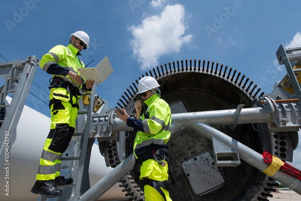 Fototapeta Wind Turbine Maintenance and Repair Technician, Engineer Checking Turbines working maintenance clean power generator system