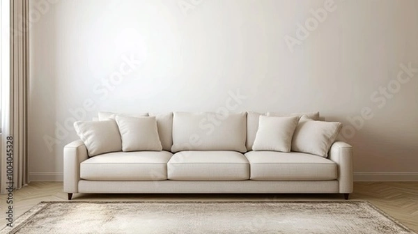 Fototapeta Living room interior with a light-colored sofa and rug, large copy space for text in the background.