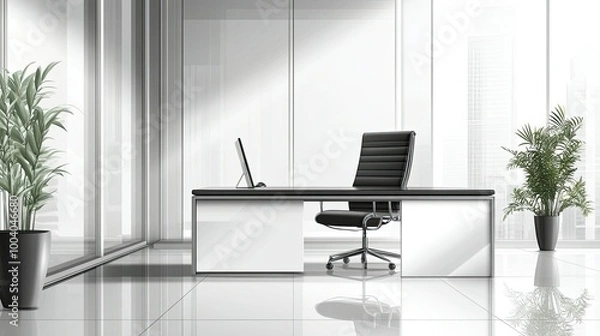 Fototapeta Minimalist modern office with sleek furniture and a clean layout, leaving space for text.