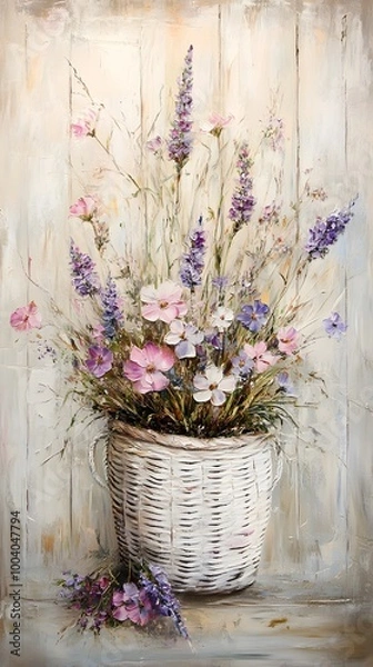 Fototapeta A beautiful painting of wildflowers in pastel colors, arranged artistically inside an elegant white wicker basket