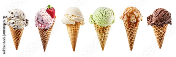 Fototapeta different sorts of ice cream scoop on waffle cone isolated on white or transparent png