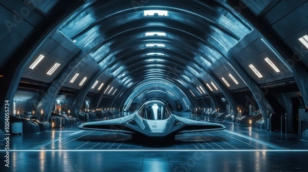 Fototapeta Futuristic aircraft resting in a sleek, illuminated hangar during a quiet evening
