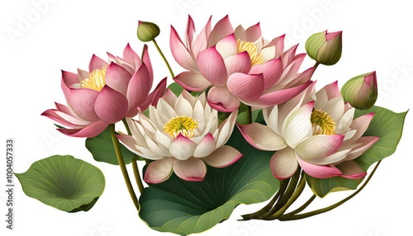 Fototapeta realistic bunch lotus flowers isolated on white background. Generative AI.